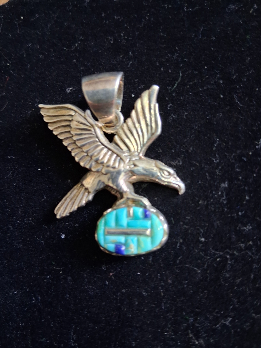 Vintage Sterling Silver Native American Style Eagle Inlay Pendant with Turquoise - Picture 4 of 5